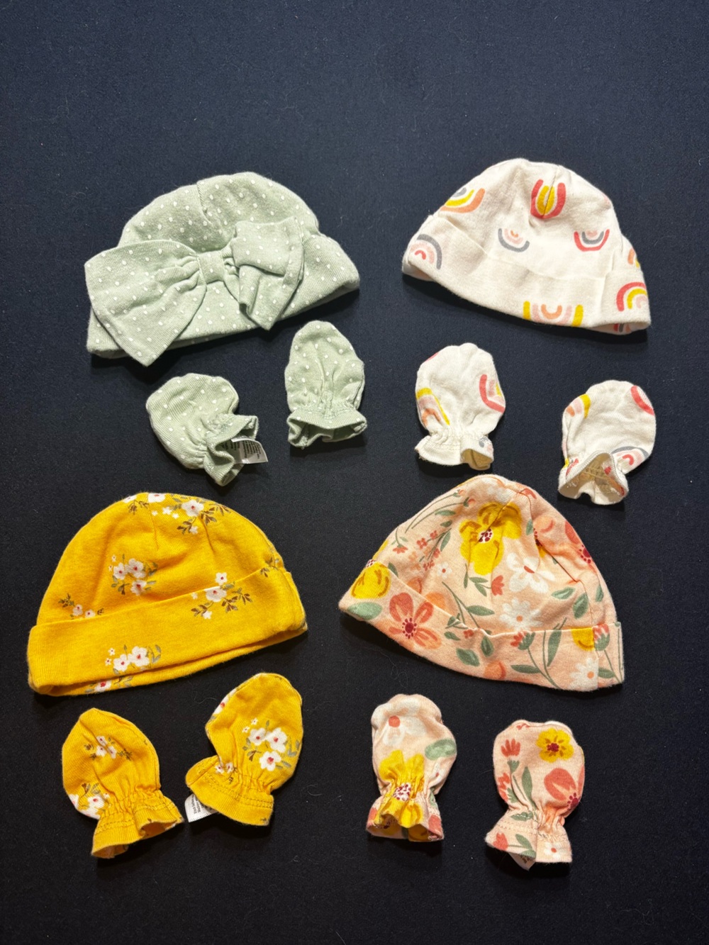 Baby Beanie and Mittens Set - Floral & Rainbow Prints